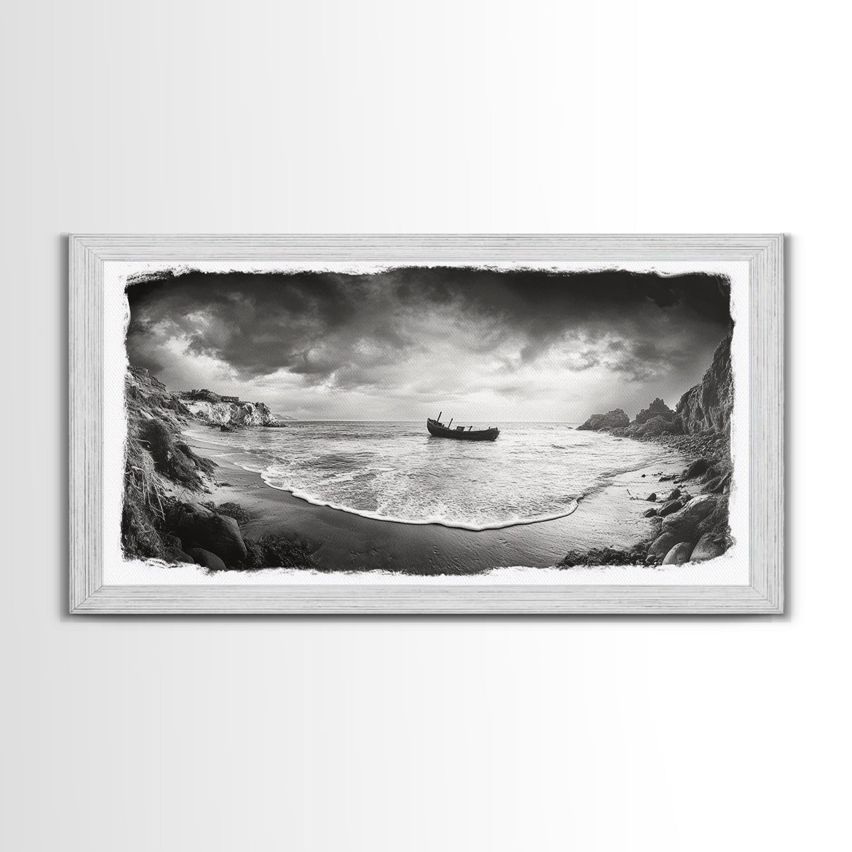 Shipwreck Beach Scene, Dramatic Coastline, Black and White Decor, Framed Canvas Print, Moody Art, Coastal Wall Art, Rustic Bedroom Print