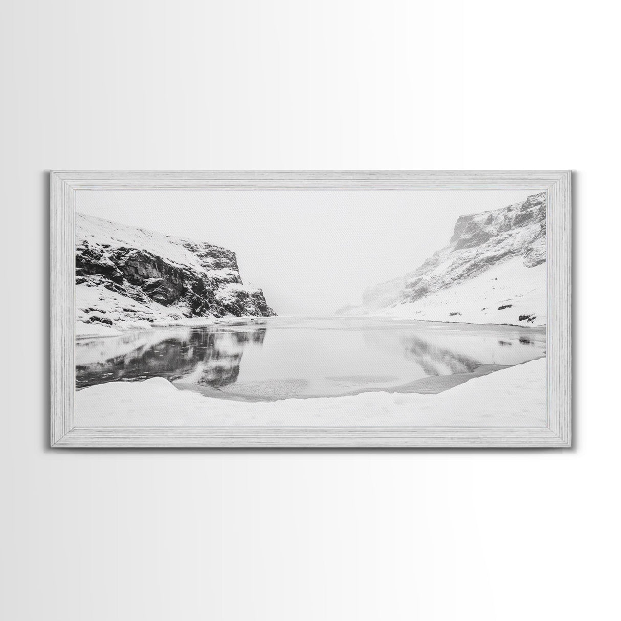 Snowy Cliff Reflection, Winter River Scene, Black and White Nature, Framed Canvas Print, Minimalist Wall Art, Neutral Winter Decor