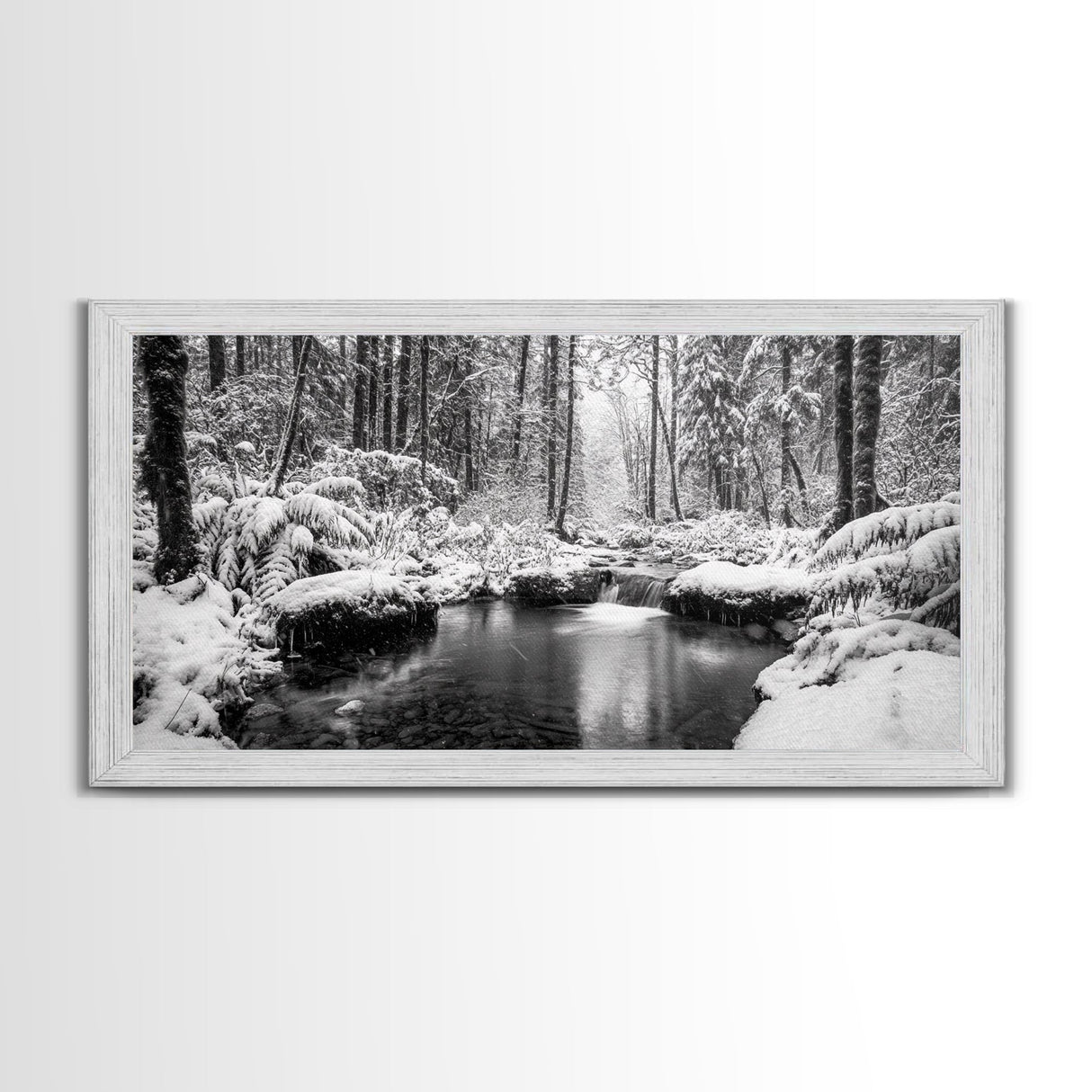 Winter Forest Creek, Snow Covered Trees, Black and White Tranquil Art, Canvas Print, Holiday Wall Art, Nature Lover Gift, Cozy Vibe