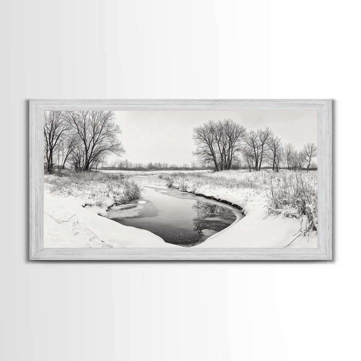 Frozen Stream Scene, Bare Trees Landscape, Black and White Nature Decor, Canvas Print, Winter Wall Art, Neutral Bedroom Accent