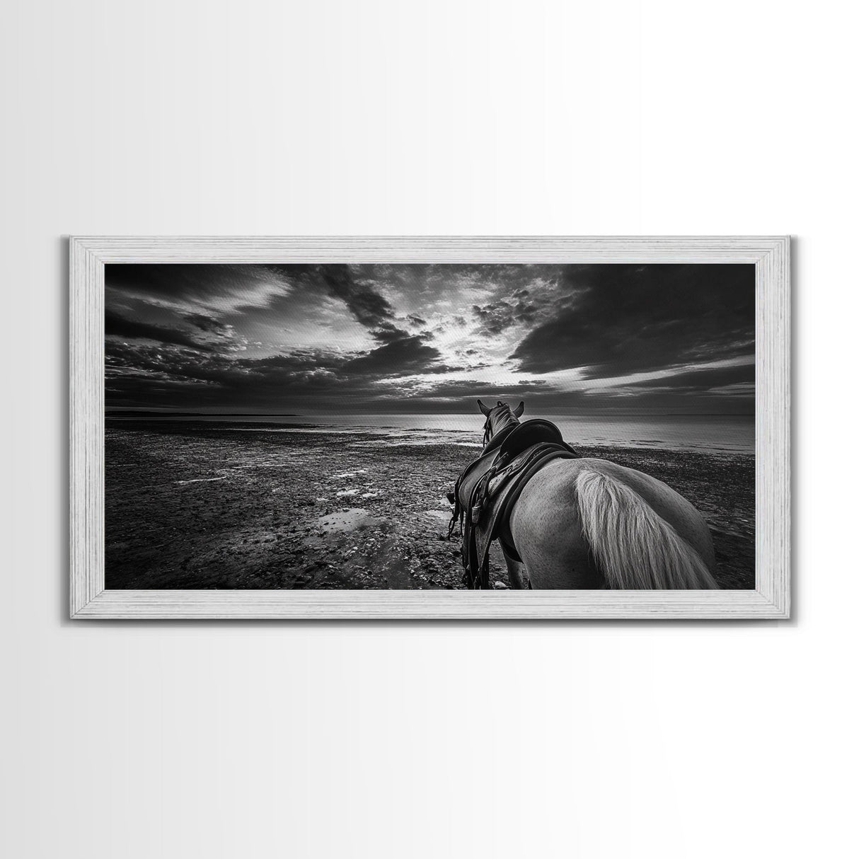 Horseback Beach, Sunset Ride, Equestrian Art, Moody Horizon Scene, Canvas Print, Cowboy Country Decor, Rustic Living Room Wall Art