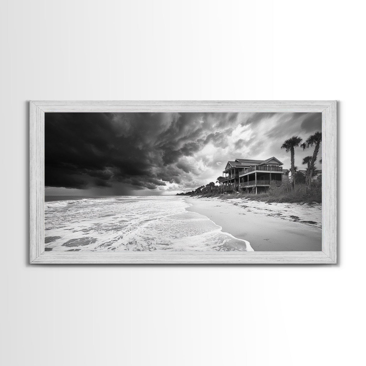 Stormy Beach House, Coastal Decor, Monochrome Photography, Beachfront Scene, Canvas Print, Moody Ocean Wall Art, Bedroom Coastal Wall Decor