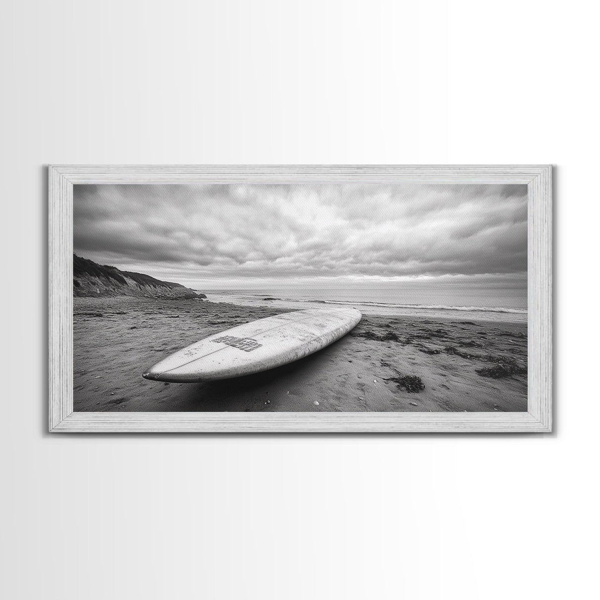 Surfboard, Coastal Shore, Serene Beach, Cloudy Sky, Framed Canvas Print, surfer room decor, rustic beach wall art, neutral home style