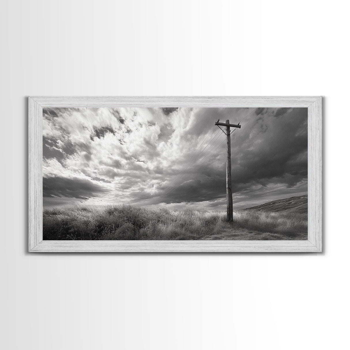 Power Pole, Rural Landscape, Stormy Sky, Country Calm, Framed Canvas Print, farmhouse entryway wall art, rustic black and white print