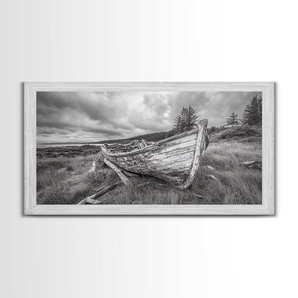 Abandoned Boat, Weathered Vessel, Coastal Forest, Framed Canvas Print, Farmhouse Wall Art, Rustic Cabin Decor, Autumn Vibe, Living Room Art