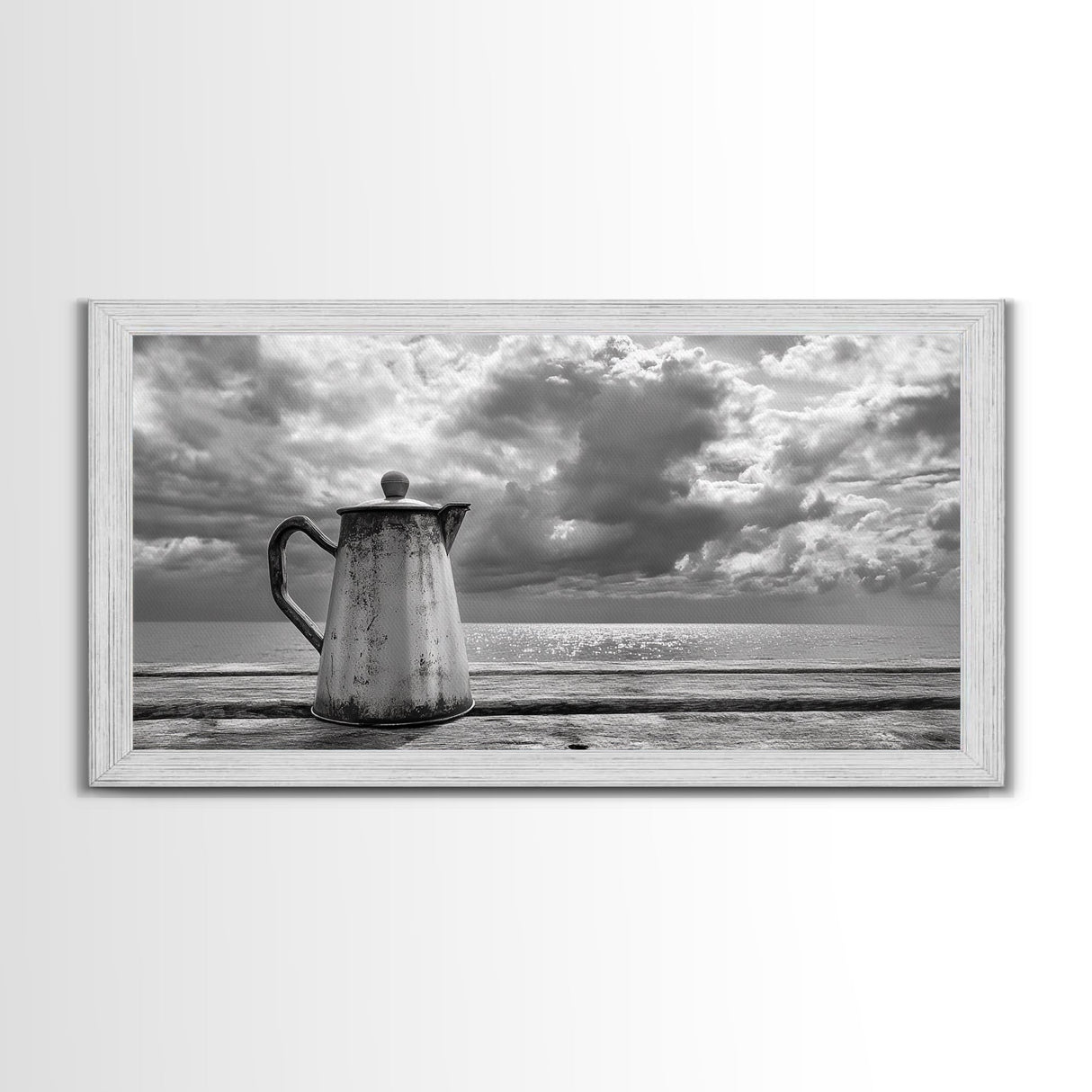 Seaside Coffee Pot, Oceanfront Still Life, Rustic Morning, Framed Canvas Print, Nautical Wall Art, Beach Kitchen Decor, Moody Nature Art