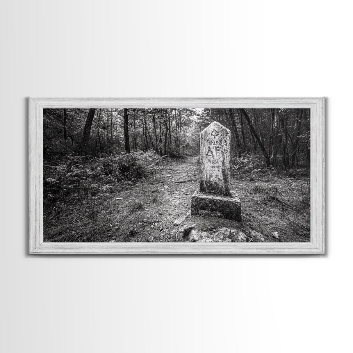 Forest Trail, Stone Marker, Ancient Symbol, Misty Pathway, Framed Canvas Print, cabin decor, woodland art, Autumn wall print, rustic charm