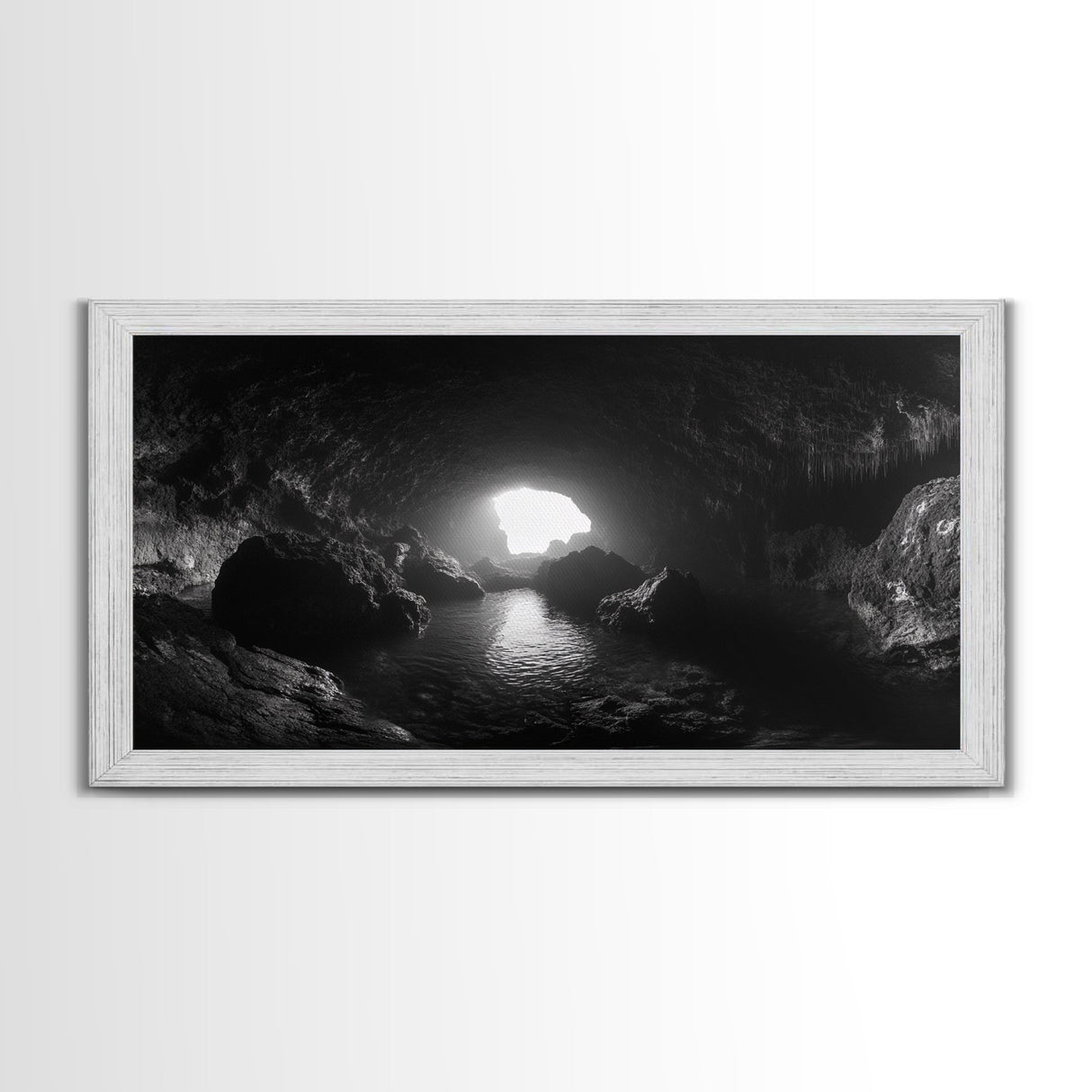 Sea Cave, Dark Ocean Cave, Natural Light Glow, Framed Canvas Print, Moody Nature Art, Living Room Wall Art, Monochrome Coastal Print
