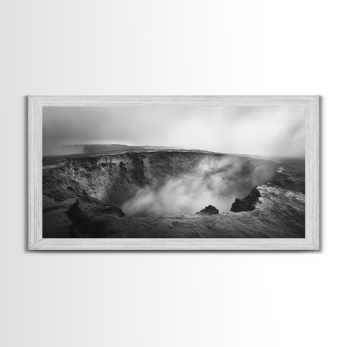 Volcanic Crater, Smoky Earth, Epic Landscape, Framed Canvas Print, Dramatic Nature Art, Study Room Decor, Moody Monochrome Photography