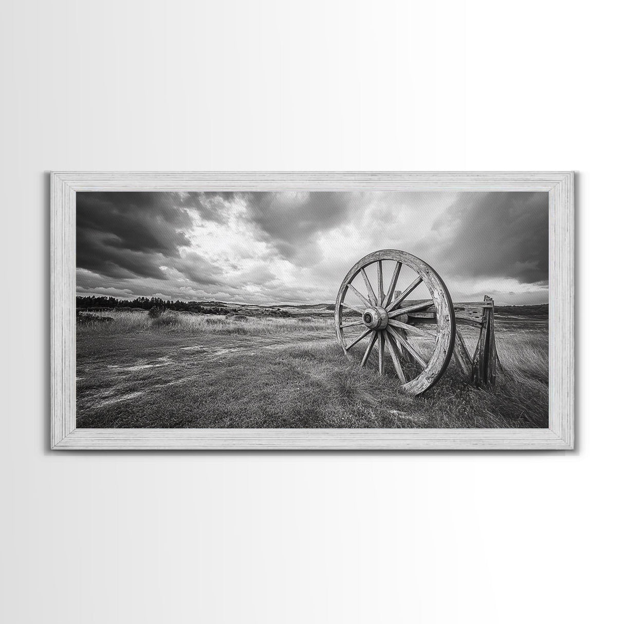 Prairie Wagon Wheel, Western Landscape, Rustic Field, Canvas Print, Country Farmhouse Wall Art, Fall Rustic Decor, Black And White Art