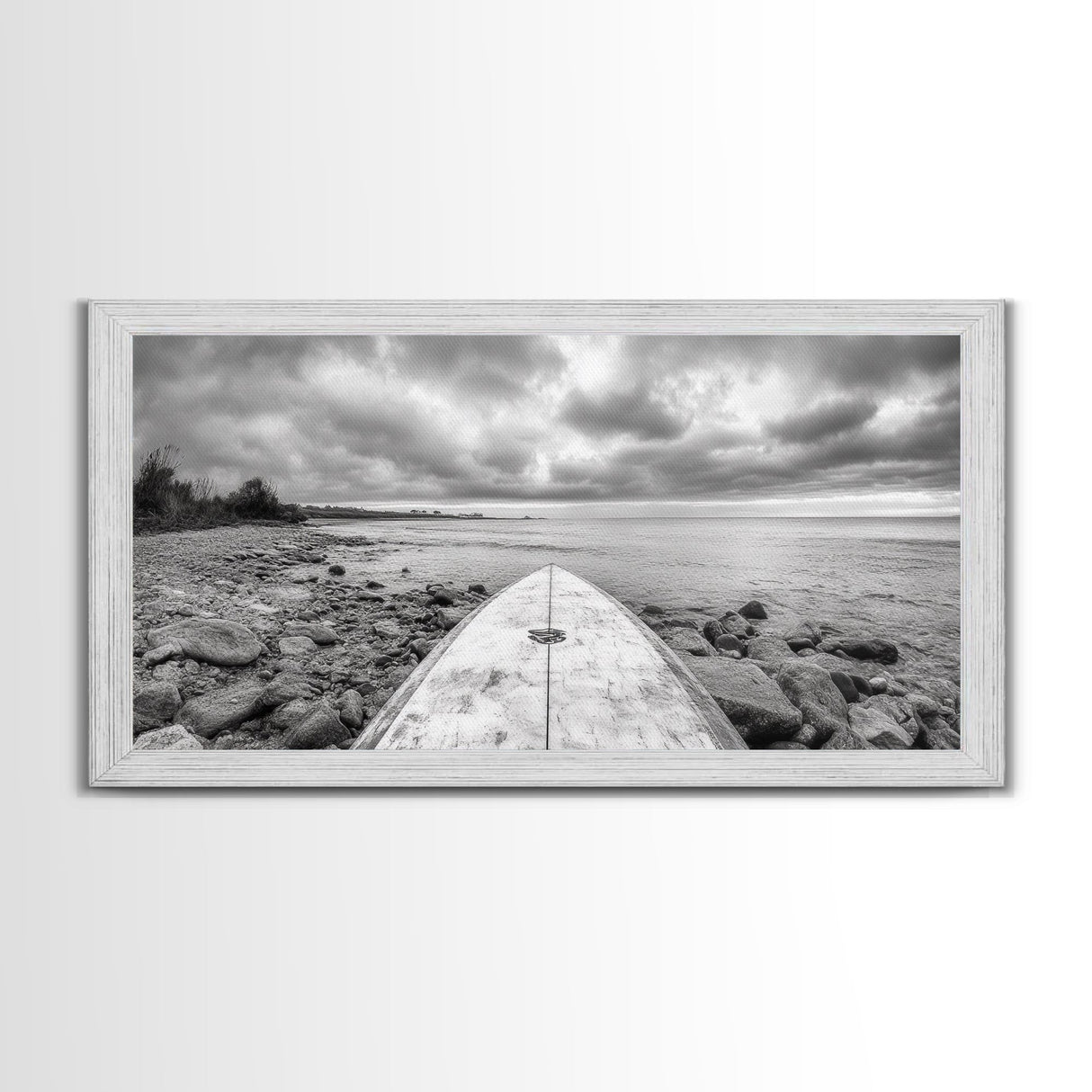 Surfboard, Rocky Shore, Cloudy Sea, Coastal Adventure, Beach Aesthetic, Canvas Print, Minimalist Ocean Art, Nautical Wall Decor, Bathroom Wall Art