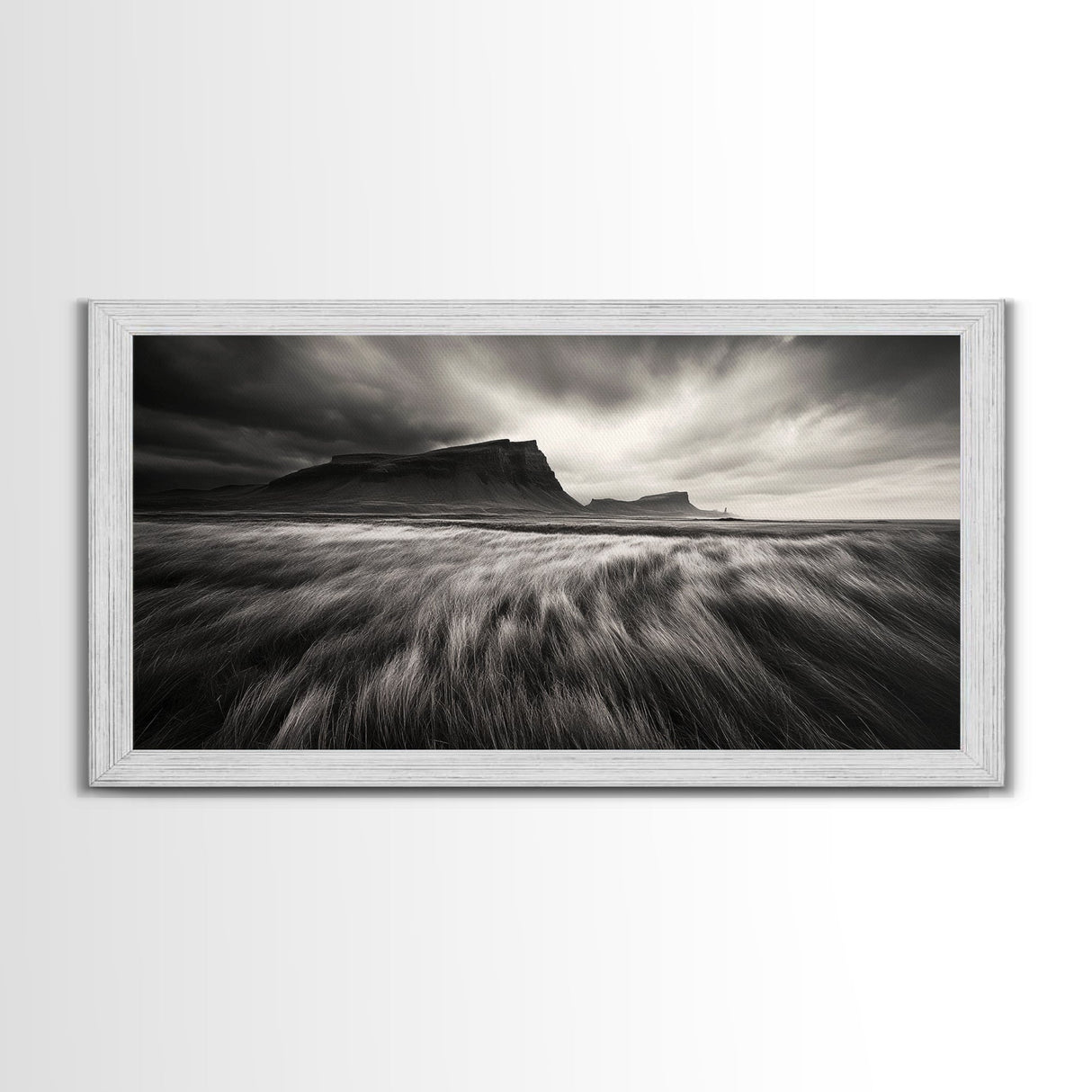 Grassy Plains, Stormy Sky, Dramatic Mountain, Monochrome Field, Canvas Print, Modern Minimalist Art, Office Wall Decor, Moody Wall Art