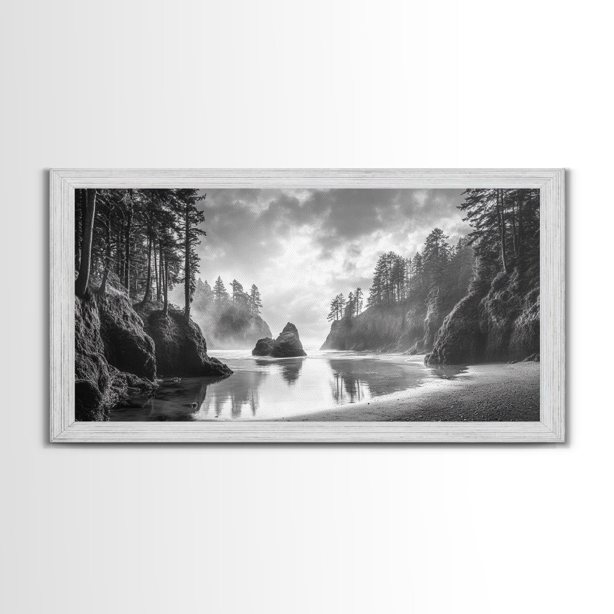 Forest Coast, Secluded Beach, Ocean Rocks, Misty Trees, Framed Canvas Print, Nature Wall Art, Living Room Decor, Moody Landscape