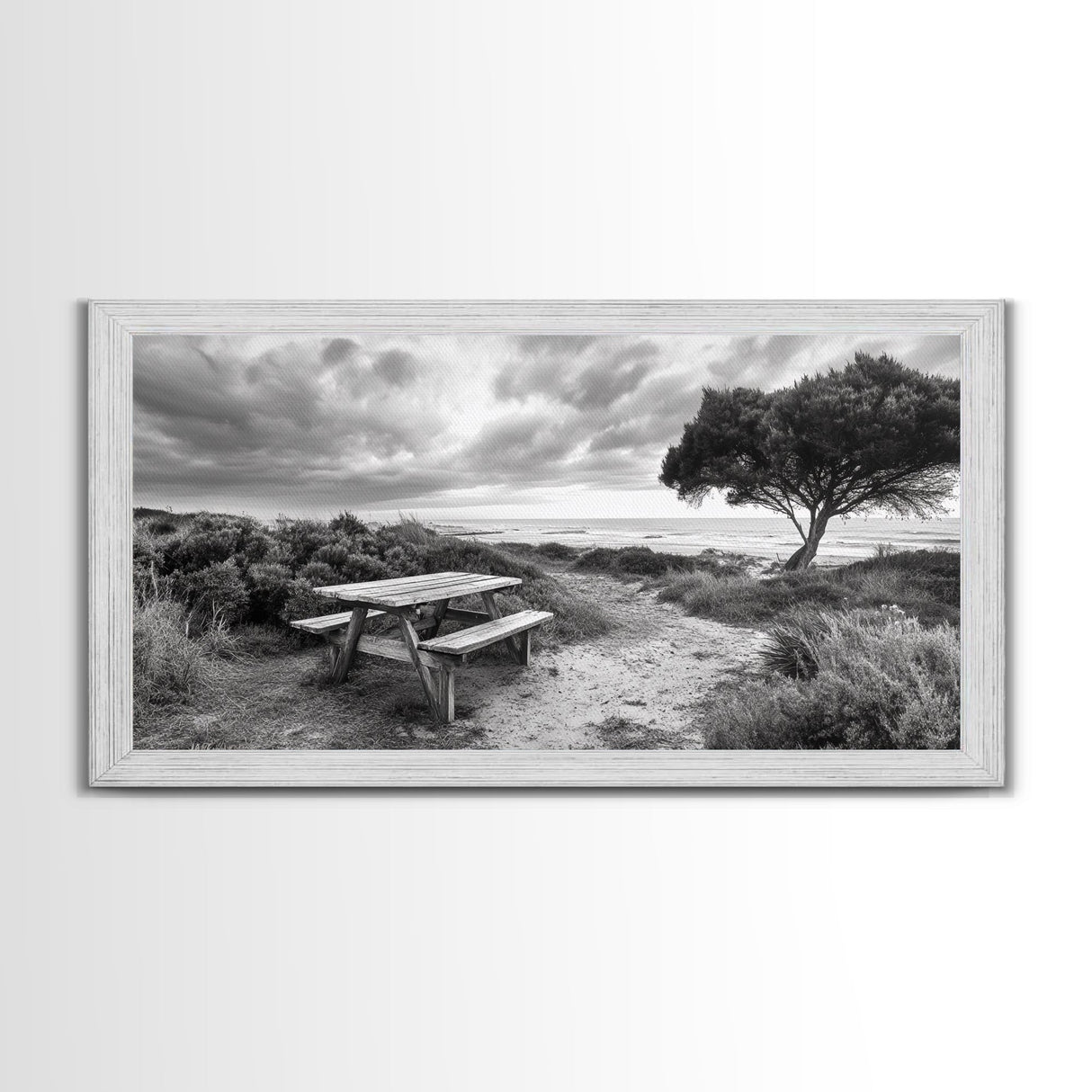 Picnic Table, Ocean Tree, Coastal Path, Windswept Scene, Framed Canvas Print, Rustic Wall Art, Fall Decor, Peaceful Beach Setting