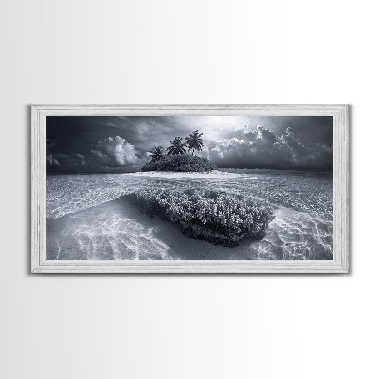 Coral Island, Tropical Ocean, Underwater Reef, Clear Sea, Framed Canvas Print, Beach House Art, Coastal Living Room Decor, Office Wall Decor