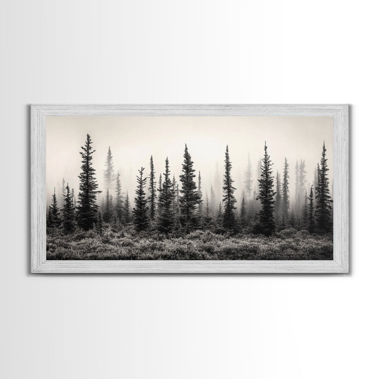 Misty Pines, Evergreen Forest, Morning Fog, Monochrome Nature, Canvas Print, Fall Entryway Wall Art, Woodland Boho Home Decor