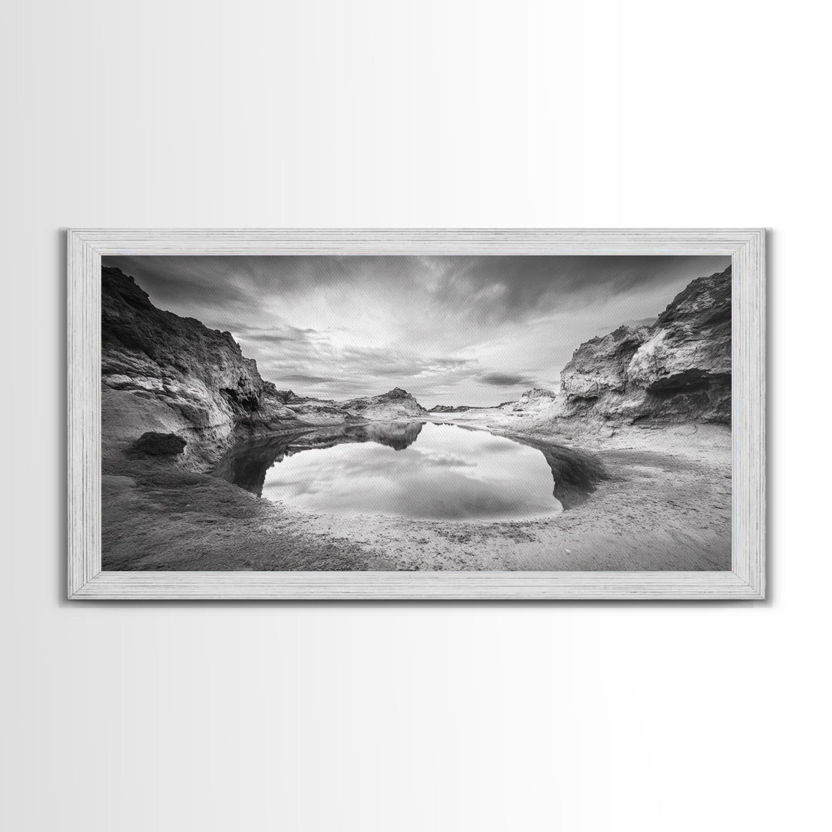 Mirror Lake, Rocky Terrain, Tranquil Waters, Framed Canvas Print, Meditation Room Art, Nature Reflection, Earthy Tones, Spa Decor