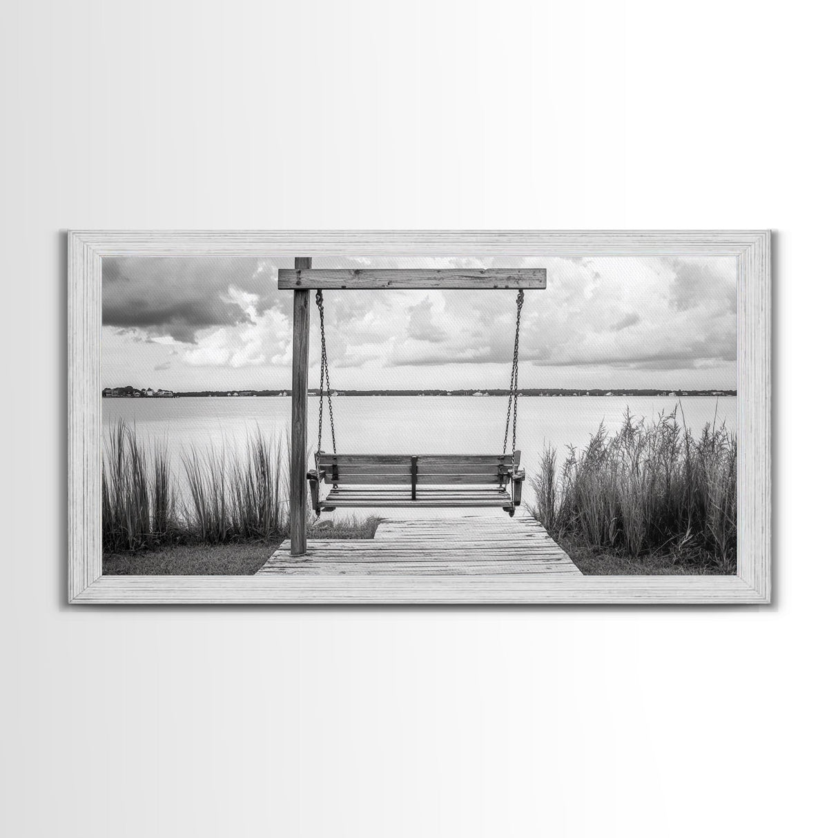 Rustic Lake Swing, Tranquil Nature Scene, Porch Art, Landscape Photography, Framed Canvas Print, Country Decor, Living Room Wall Art