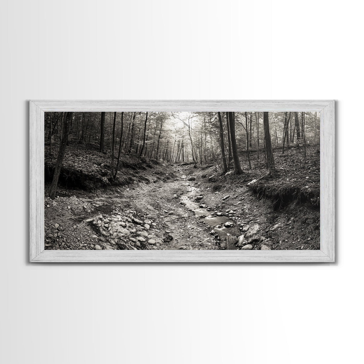 Forest Stream, Tranquil Woodland Path, Autumn Nature Photography, Framed Canvas Print, Rustic Cabin Decor, Living Room Wall Art