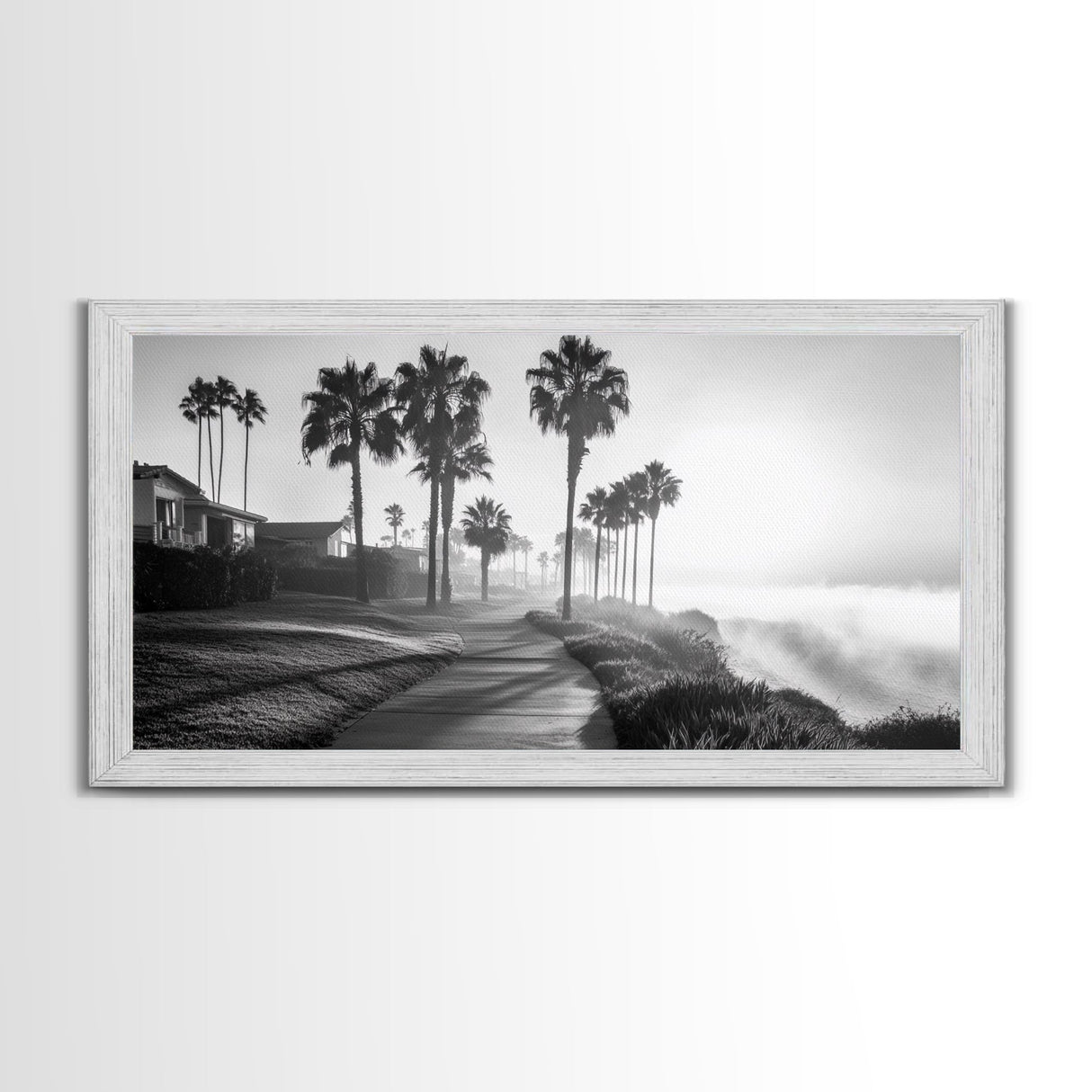 Palm Tree Pathway, Beachfront Neighborhood Vibes, Coastal Street Scene, Framed Canvas Print, Entryway Art, Minimalist Coastal Home Decor