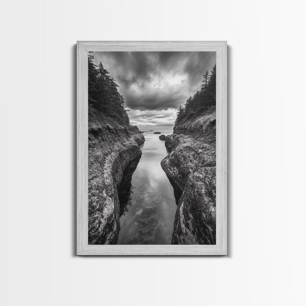Rocky Waterway, Coastal Reflections, Dramatic Cloudscape, Ocean Nature Print, Framed Canvas Print, Bathroom Wall Art, Modern Rustic Style