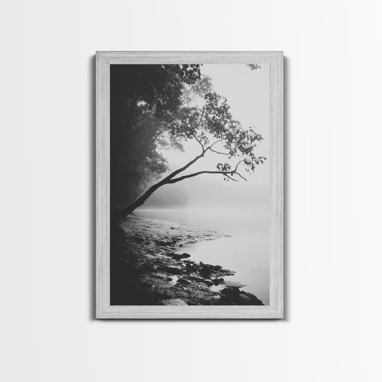 Misty Tree, Shoreline Fog, Forest Edge, Moody Atmosphere, Framed Canvas Print, Bedroom Wall Art, Autumn Woodland Style, Serene Nature Decor