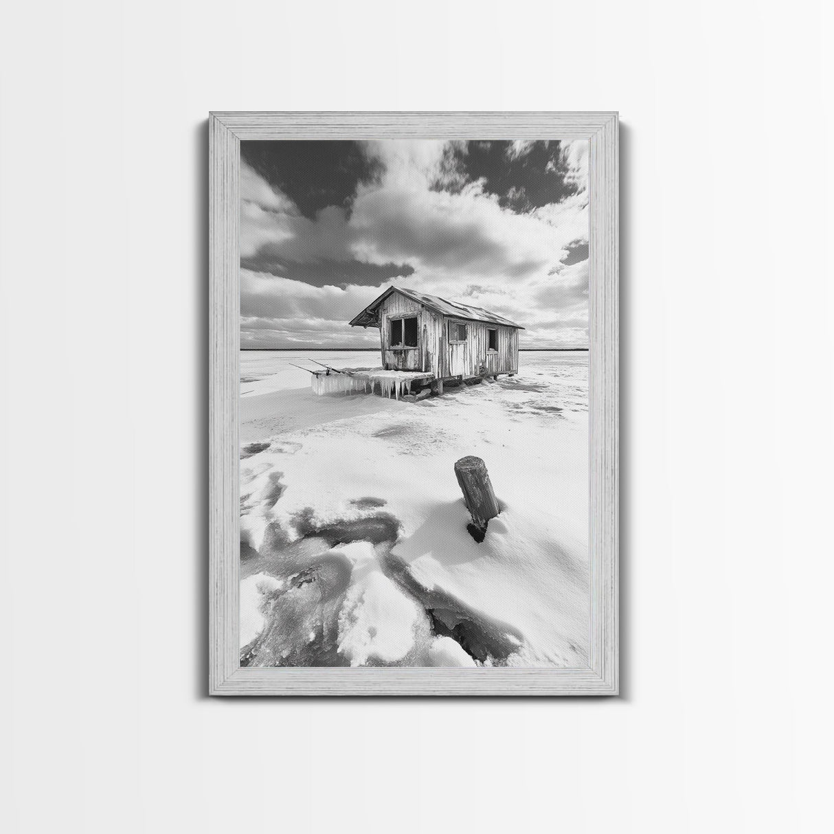 Frozen Cabin Scene, Snowy Landscape, Winter Monochrome, Canvas Print, Cabin Wall Art, Rustic Winter Decor, Nature Photography