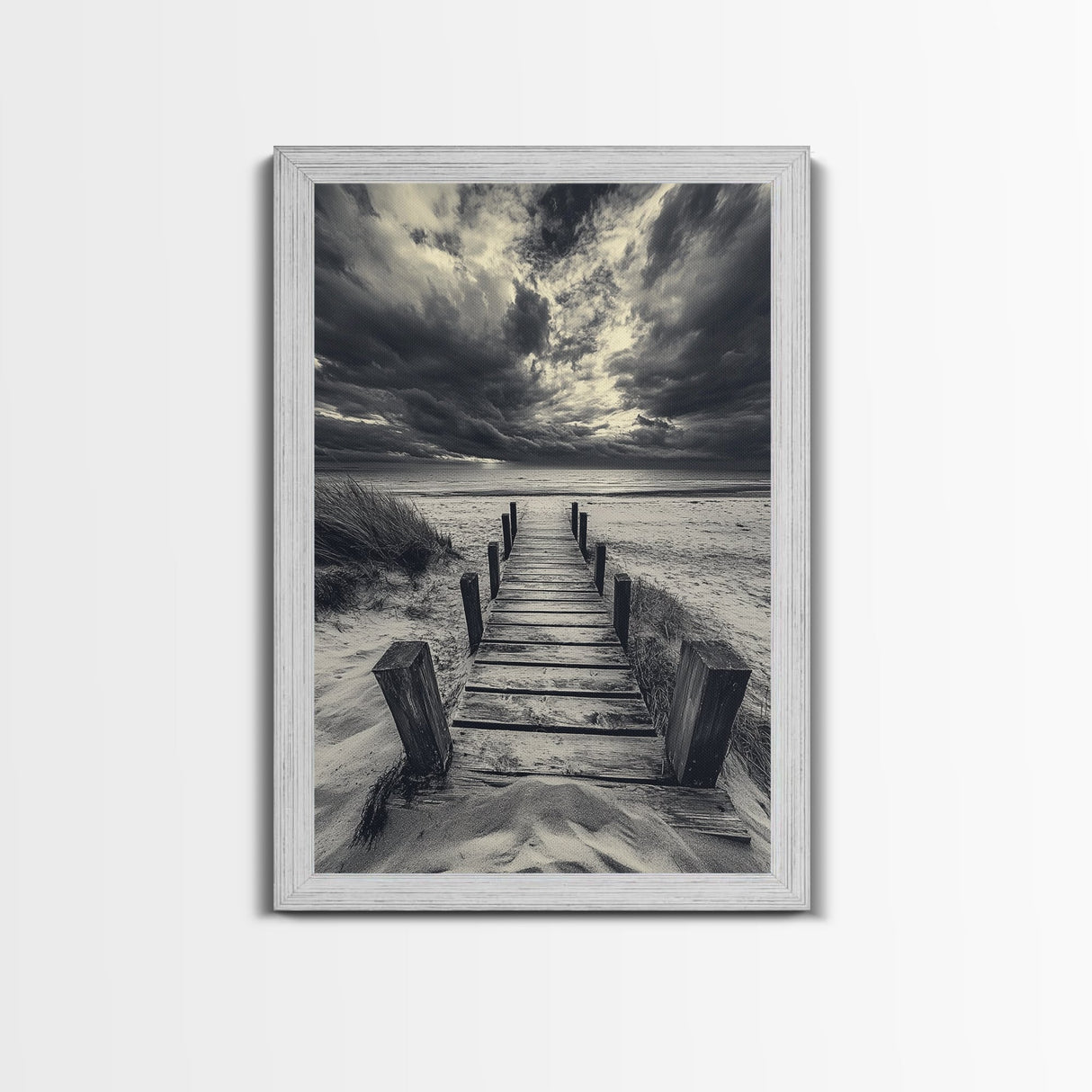 Stormy Beach Dock, Dramatic Skies, Coastal Mood, Framed Canvas Print, Fall Wall Art, Entryway Decor, Moody Seascape, Rustic Coastal Home