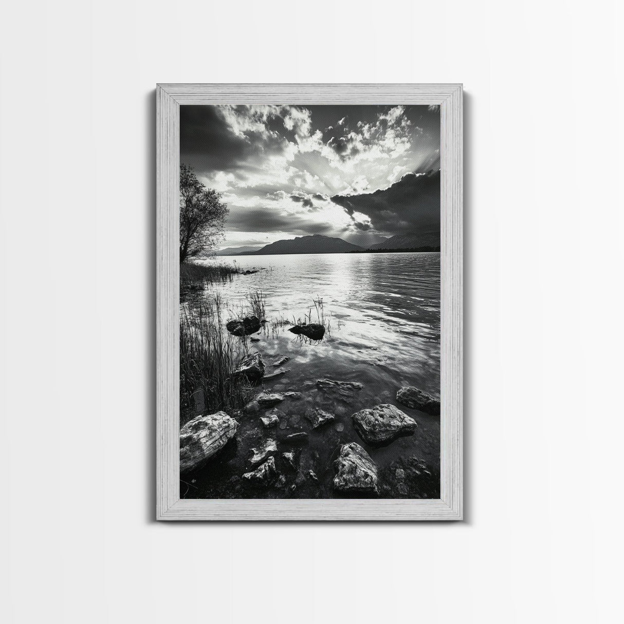 Lake Sunset View, Peaceful Mountainscape, Nature Reflection, Framed Canvas Print, Living Room Wall Art, Tranquil Scenic Landscape