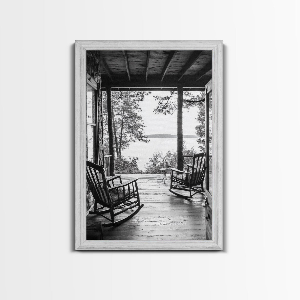 Rustic Porch View, Cabin Serenity, Lakefront Rocking Chairs, Framed Canvas Print, Farmhouse Wall Art, Living Room Decor, Fall Home Style