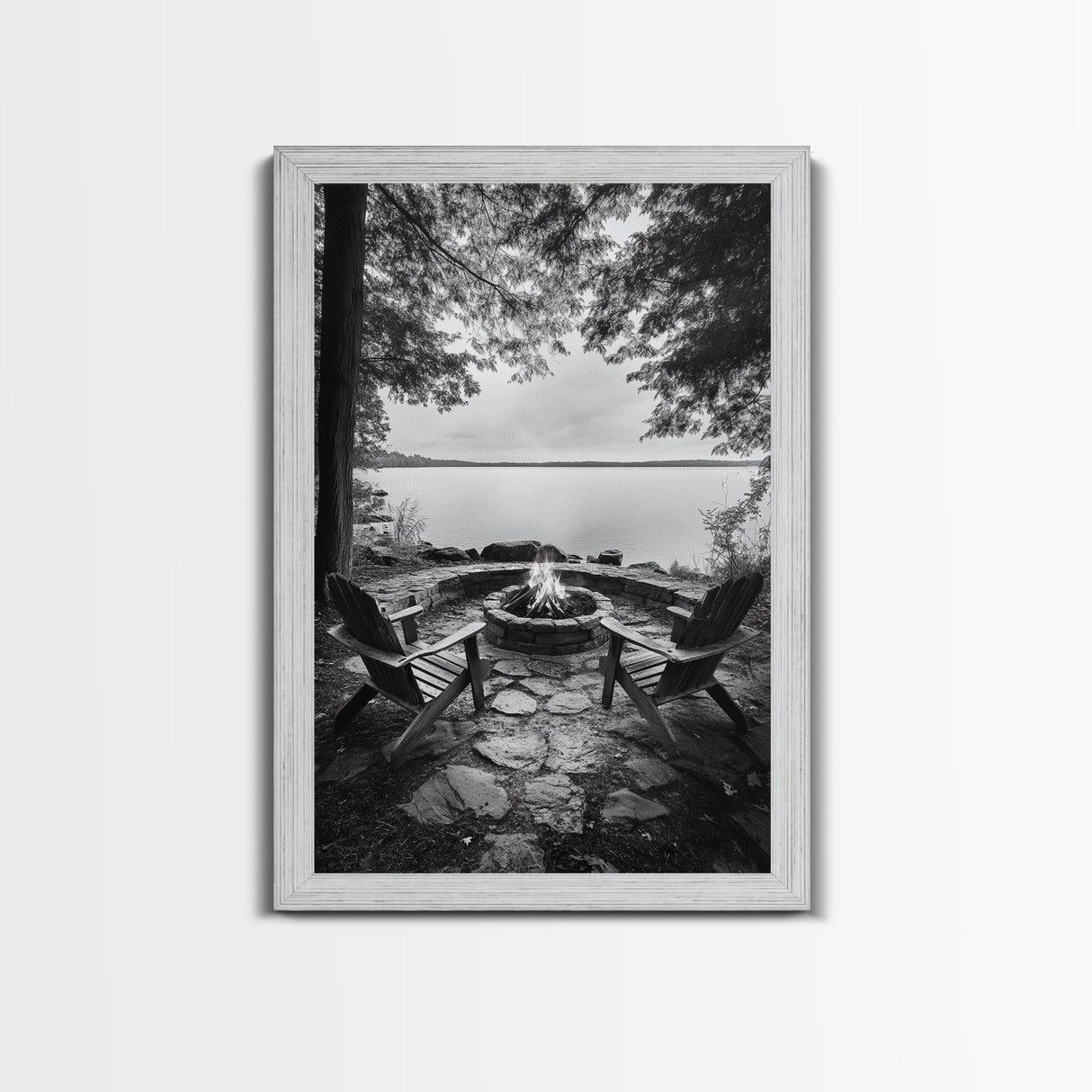 Campfire Lake Night, Adirondack Chairs, Wilderness Glow, Framed Canvas Print, Outdoor Living Wall Art, Cabin Decor, Autumn Retreat Art