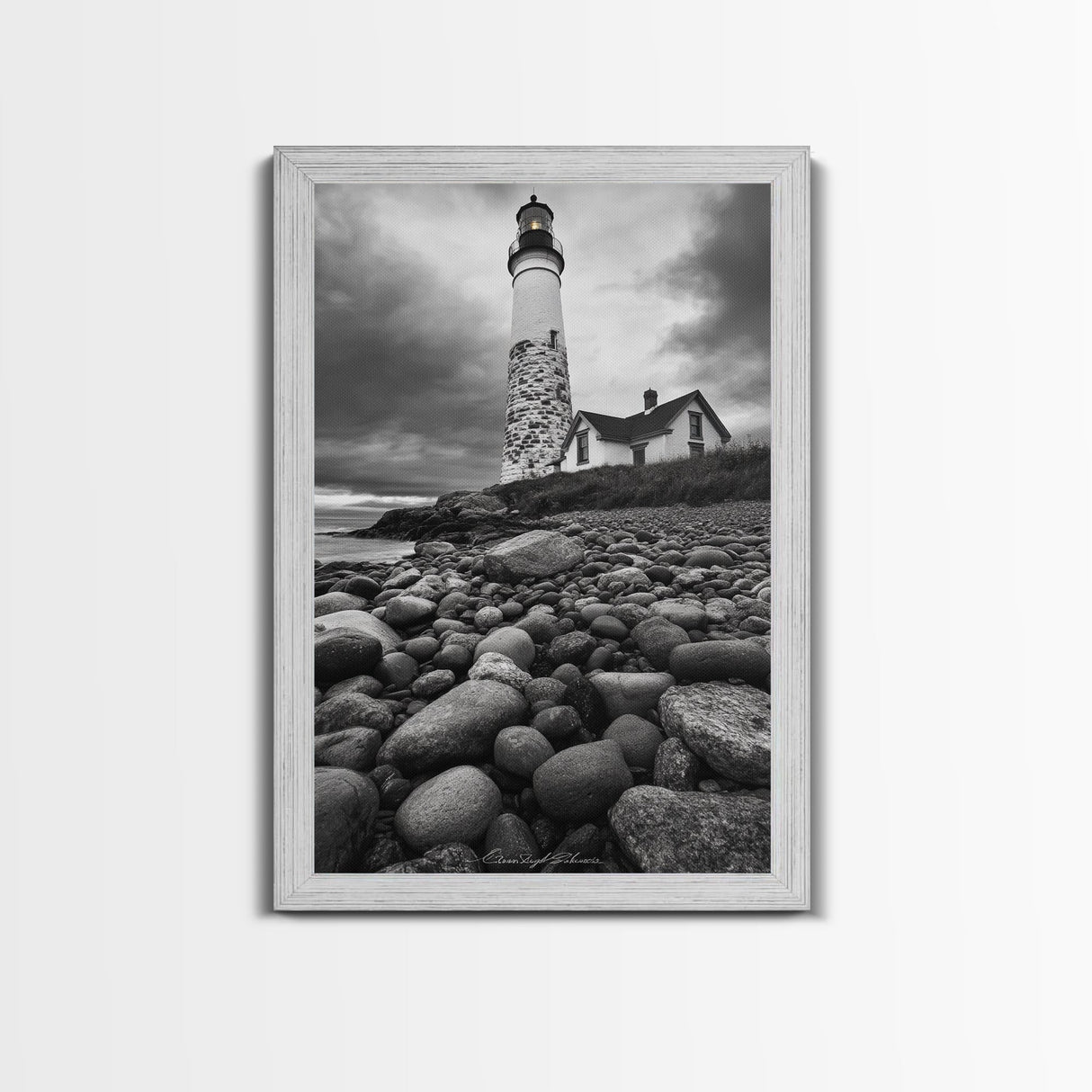 Lighthouse Shore Rocks, Coastal Beacon, Moody Clouds, Framed Canvas Print, Nautical Wall Art, Rustic Beach House Decor, Fall Storm Style