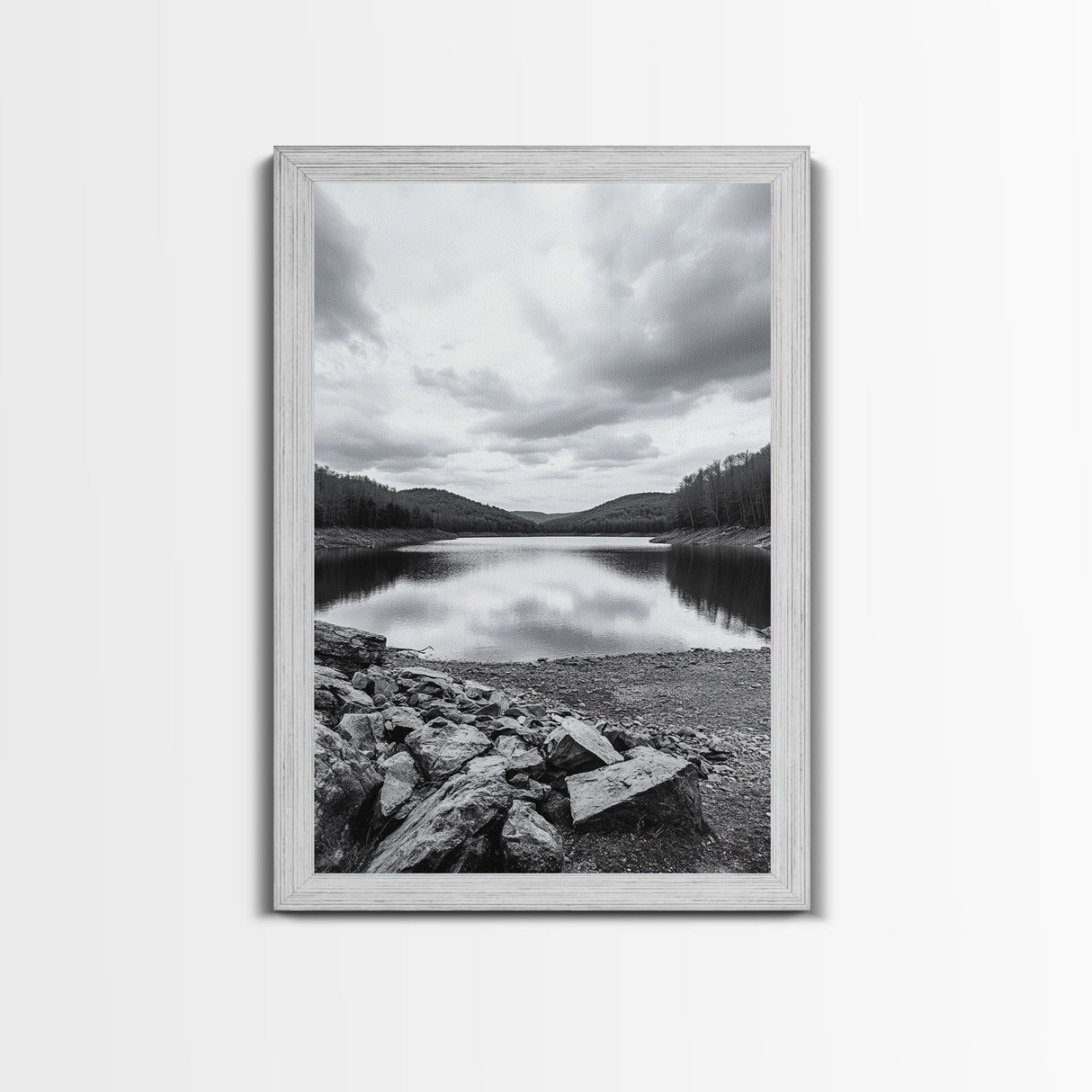 Misty Lake View, Peaceful Reflections, Nature Tranquility, Framed Canvas Print, Bedroom Wall Art, Black and White Landscape, Minimalist Art