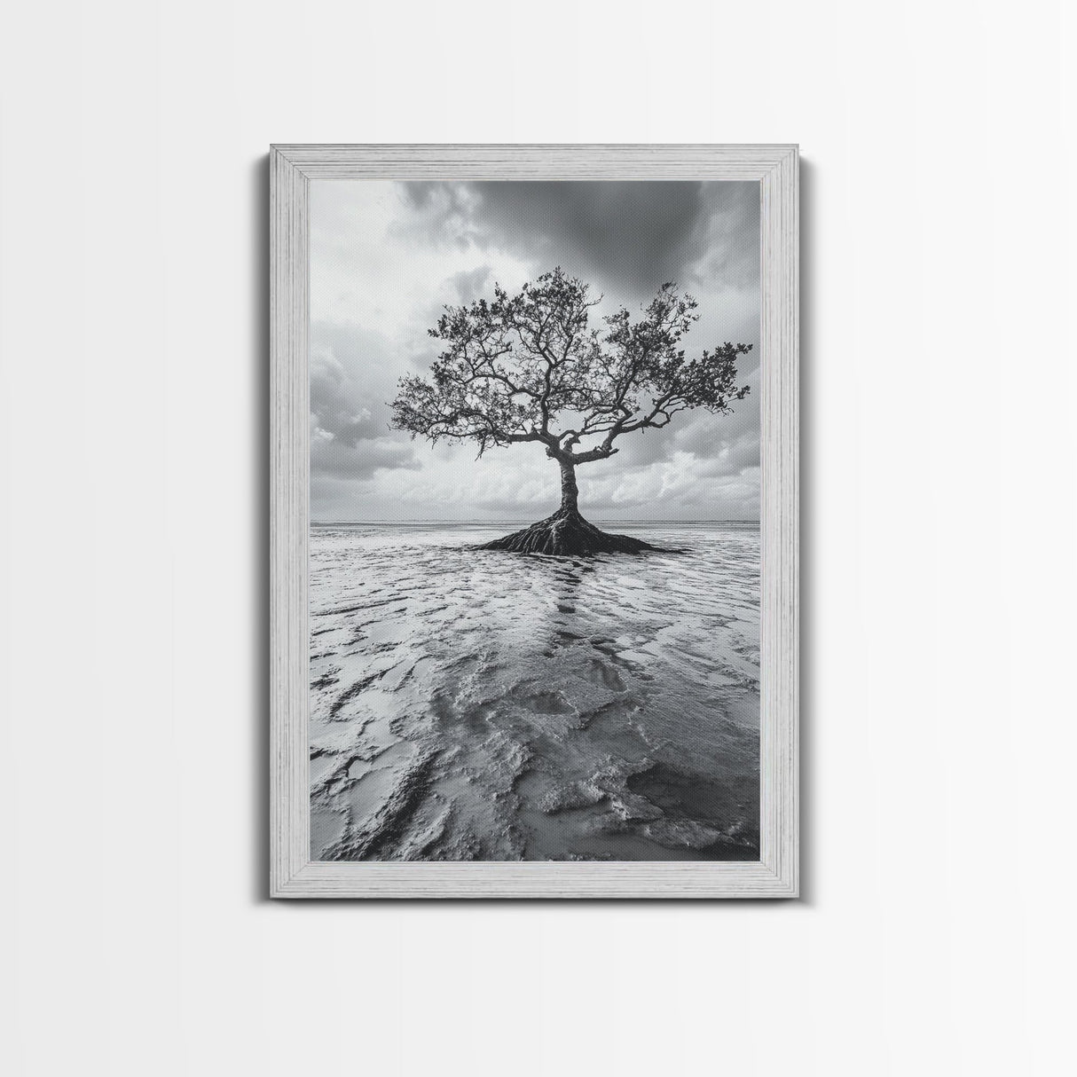Lonely Tree, Coastal Roots, Ocean Breeze, Framed Canvas Print, Entryway Wall Art, Moody Nature Photography, Minimalist Earth Tones