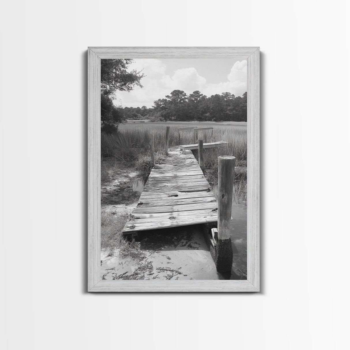 Marsh Dock, Southern Nature, Weathered Pier, Framed Canvas Print, Guest Room Wall Art, Rural Landscape, Fall Wall Art, Country Style