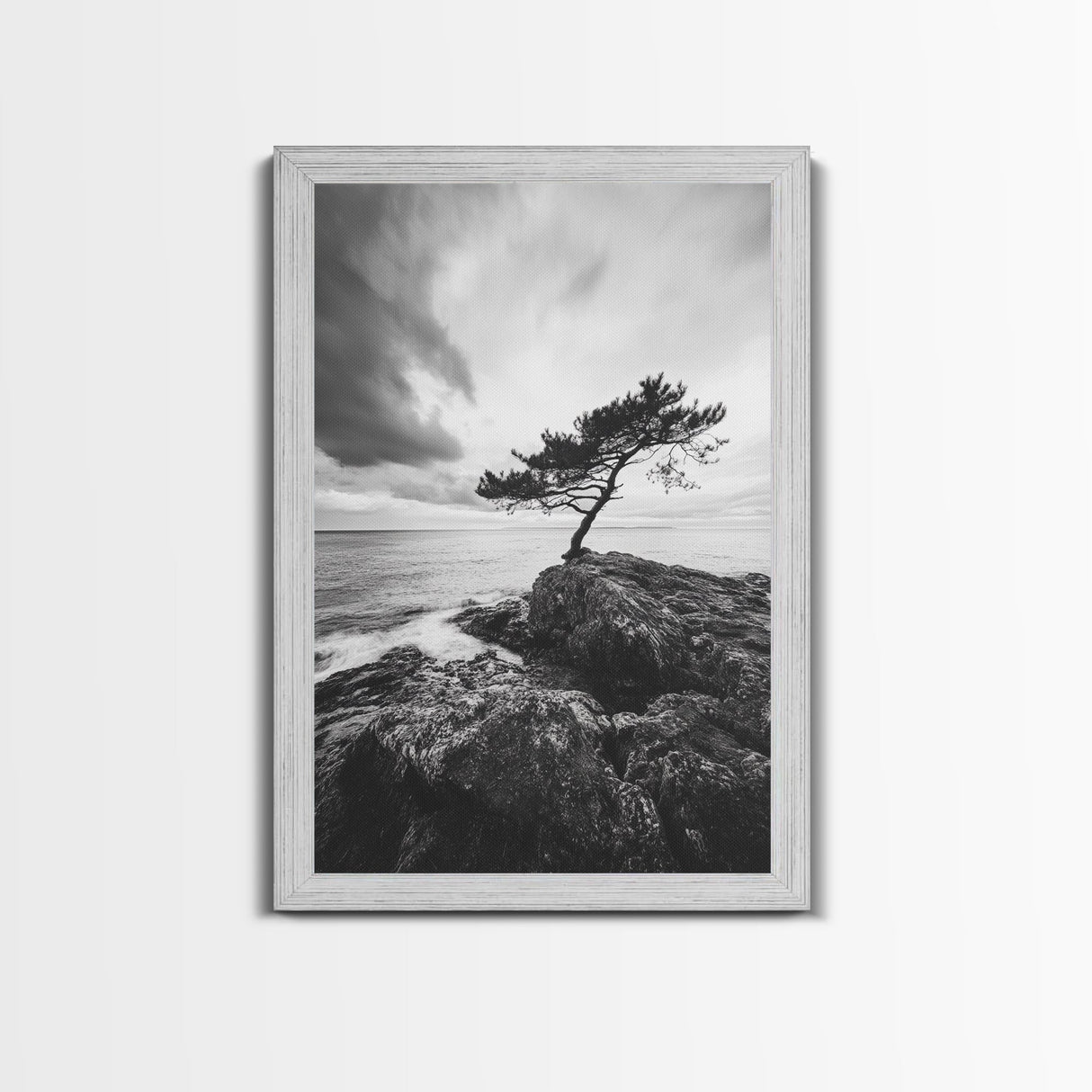 Lone Tree, Cliffside Ocean, Windy Coast Art, Framed Canvas Print, Bedroom Wall Art, Modern Nature Photography, Coastal Minimalist Decor
