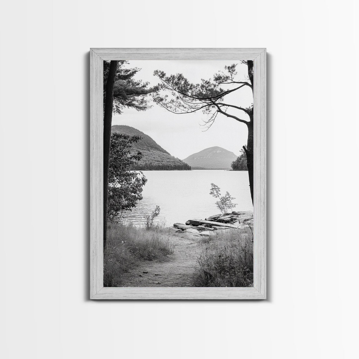 Forest Lake, Mountain View, Peaceful Trail, Framed Canvas Print, Cabin Decor, Fall Landscape, Living Room Art, Tranquil Nature Print