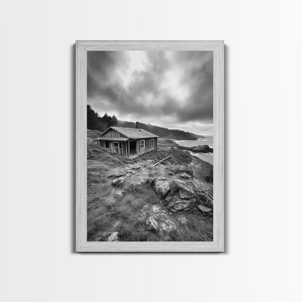 Abandoned Cabin, Coastal Cliff, Moody Landscape, Autumn Wall Art, Framed Canvas Print, Living Room Rustic Art, Farmhouse Aesthetic