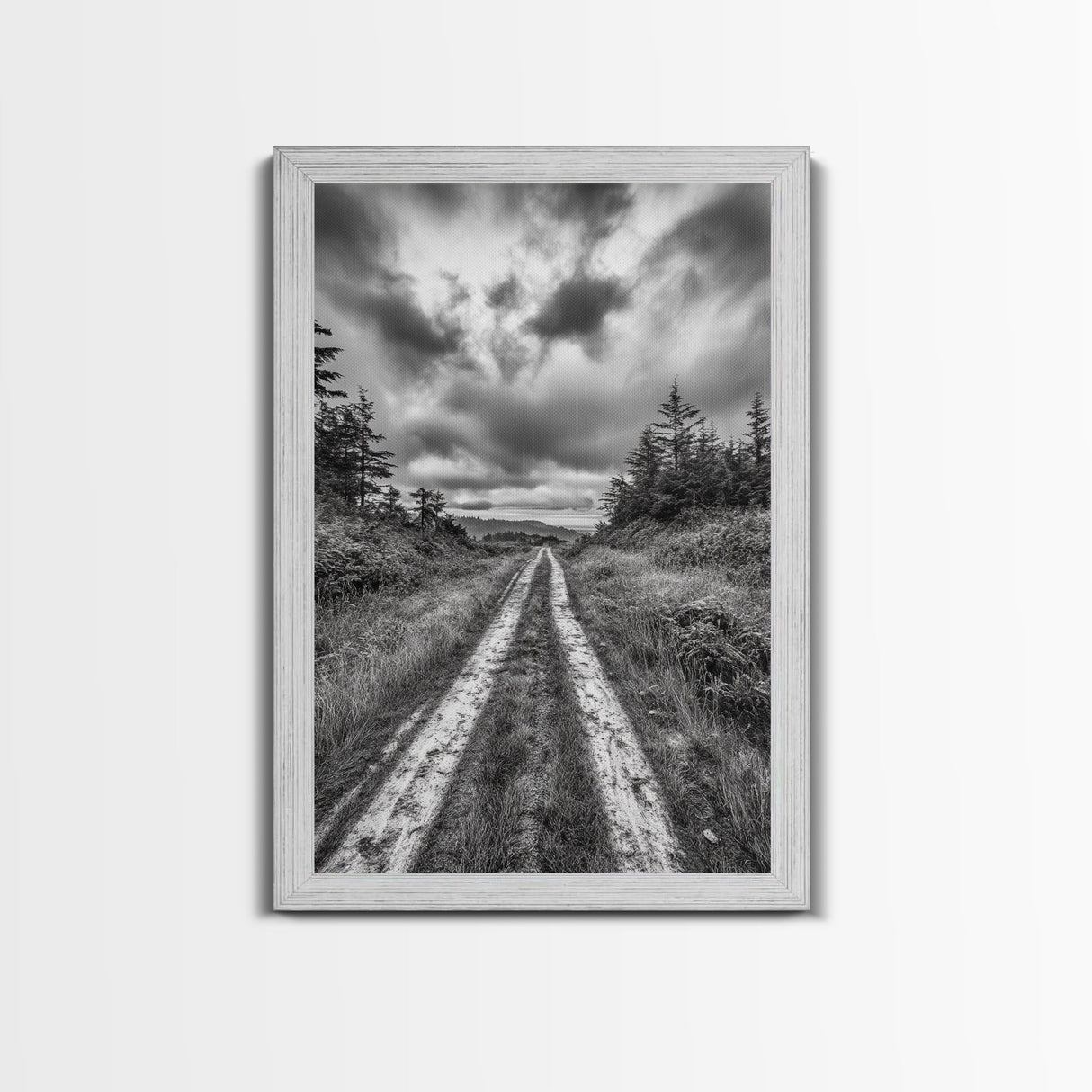 Forest Trail, Overcast Sky, Nature Pathway, Moody Landscape, Framed Canvas Print, Office Wall Art, Woodland Autumn Decor