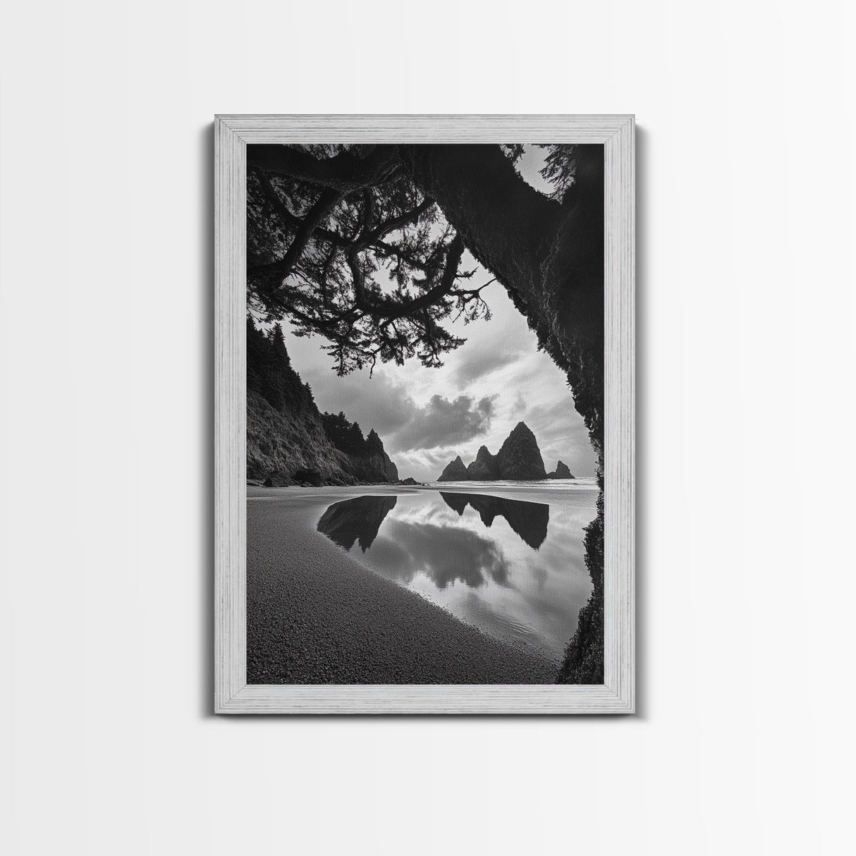 Sea Stacks, Reflected Sky, Dramatic Coastline, Beach Landscape, Canvas Print, Living Room Wall Art, Nature Coastal Decor, moody ocean print
