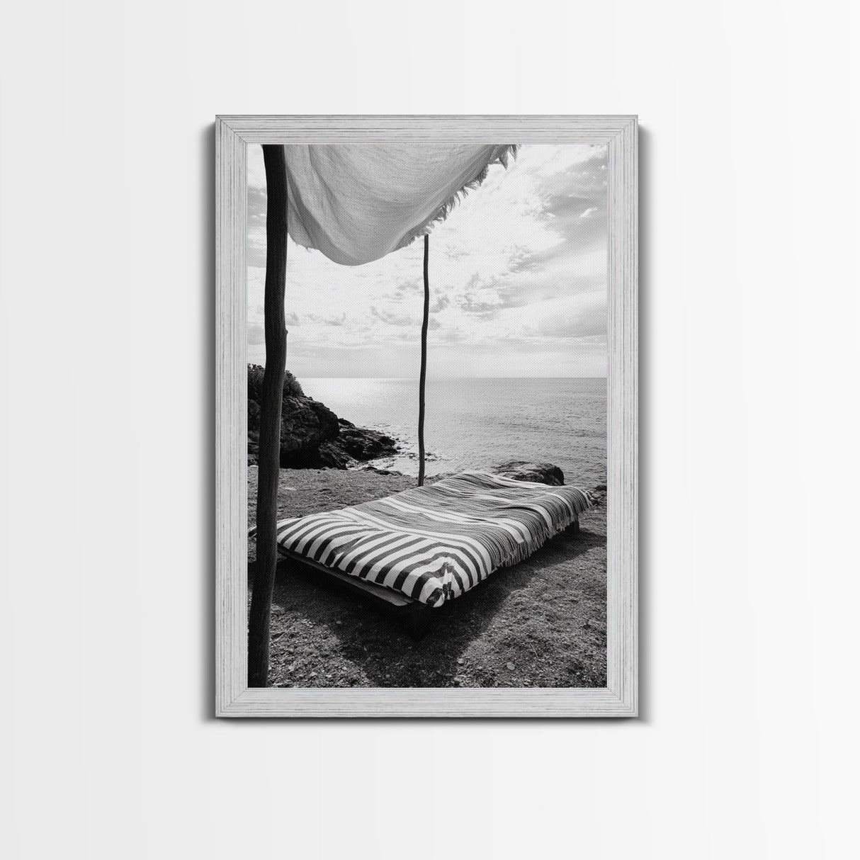Seaside Nap, Minimal Daybed, Coastal Shade, Serene Moment, Canvas Print, Beach Bedroom Decor, Boho Seaside Art, Coastal Wall Style