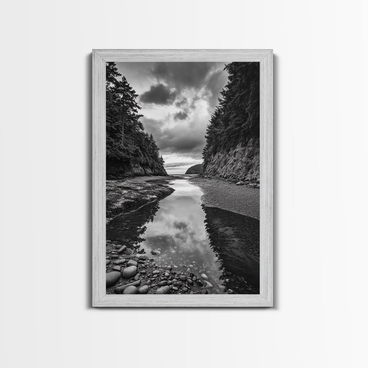Tide Pool, Forest Reflection, Coastal Calm, Framed Canvas Print, Black White Nature Art, Bathroom or Bedroom Decor, Tranquil Scene
