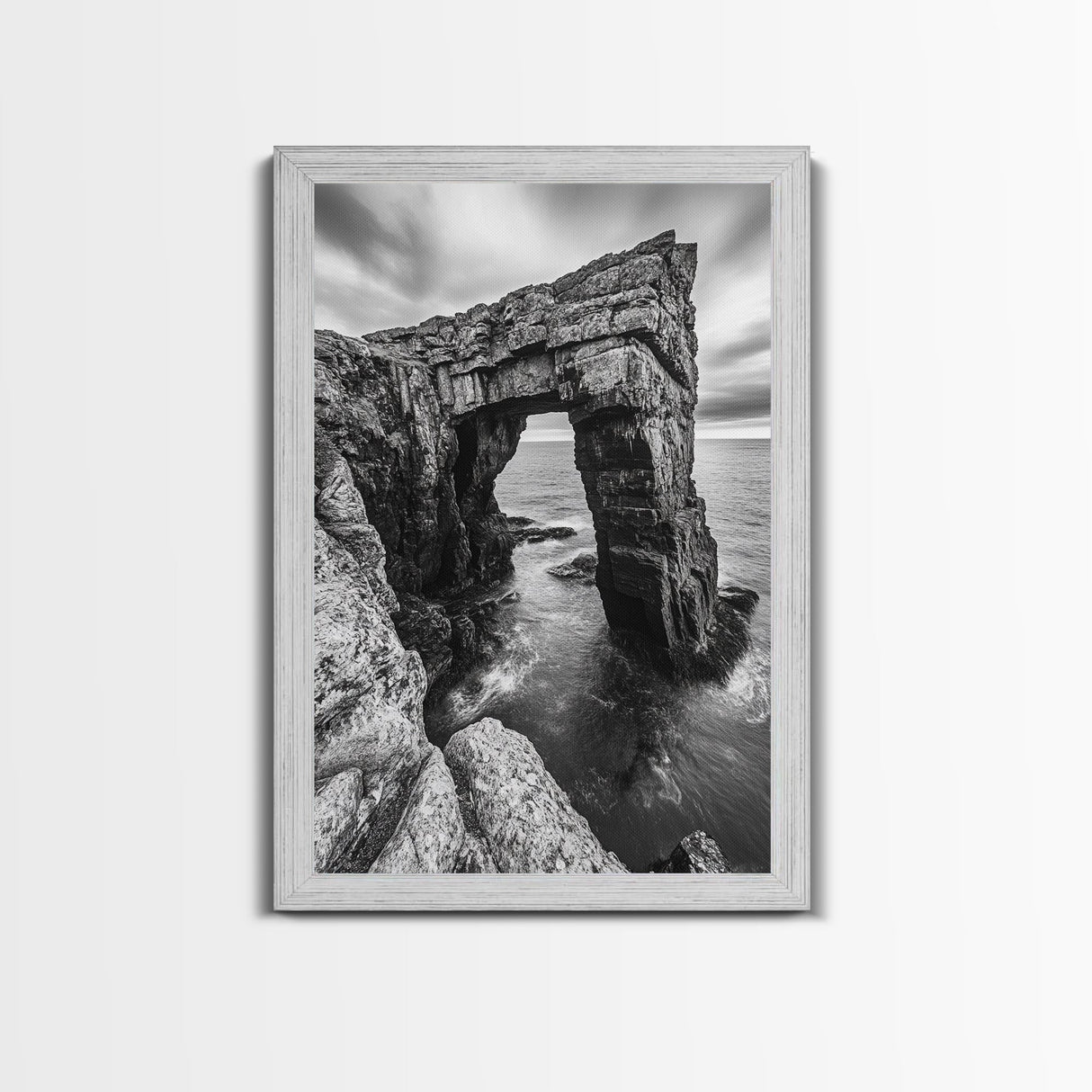 Sea Arch, Coastal Rock, Ocean Cliffside, Canvas Print, Dramatic Nature Wall Art, Living Room or Office Decor, Black White Seascape