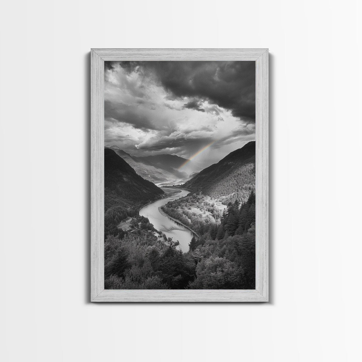Mountain Valley, Rainbow River, Forest Panorama, Cloud Drama, Framed Canvas Print, Living Room Wall Art, Tranquil Nature, Scenic Beauty