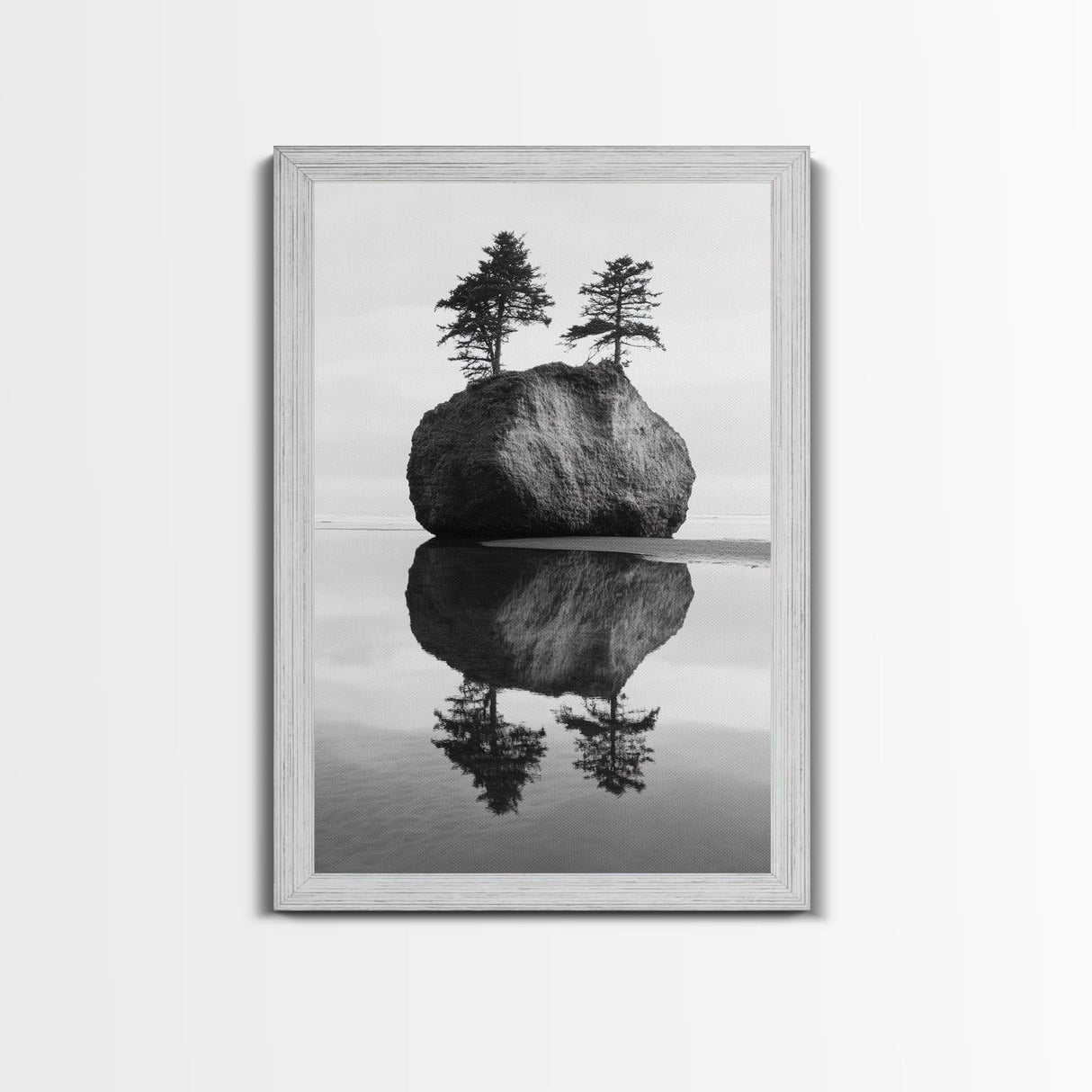 Island Reflection, Twin Trees, Still Water, Minimal Seascape, Framed Canvas Print, Bedroom Wall Art, Zen Decor, Black and White Art