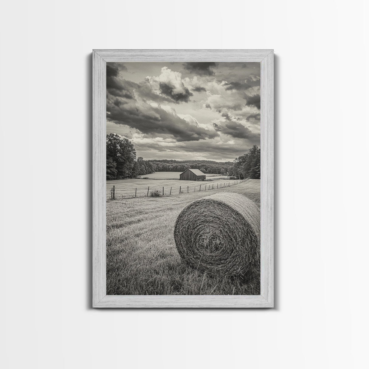 Autumn Hay Bale, Farm Field Scene, Country Landscape, Black and White Canvas Print, Rustic Kitchen or Fall Living Room Wall Art