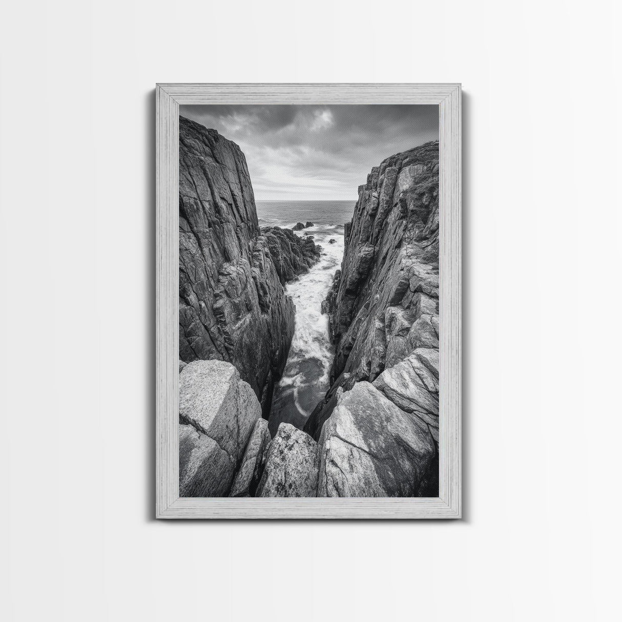 Ocean Cliff Pass, Rugged Coastal Rocks, Nature Power, Monochrome Framed Canvas Print, Moody Bathroom or Masculine Office Art