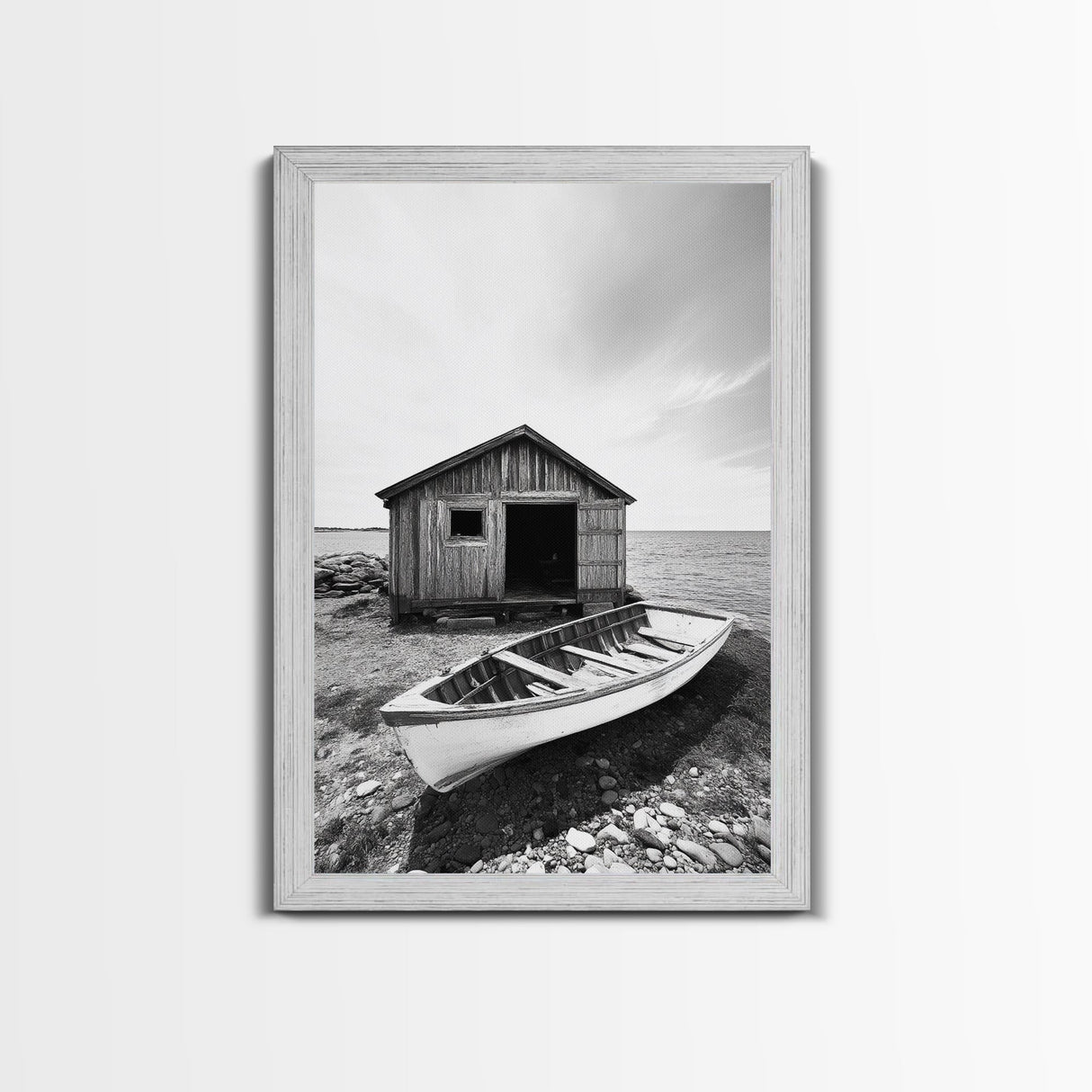 Shore Cabin, Rowboat Rest, Coastal Cabin, Serene Shoreline, Canvas Print, Lake House Wall Art, Rustic Decor, Living Room Seaside Art