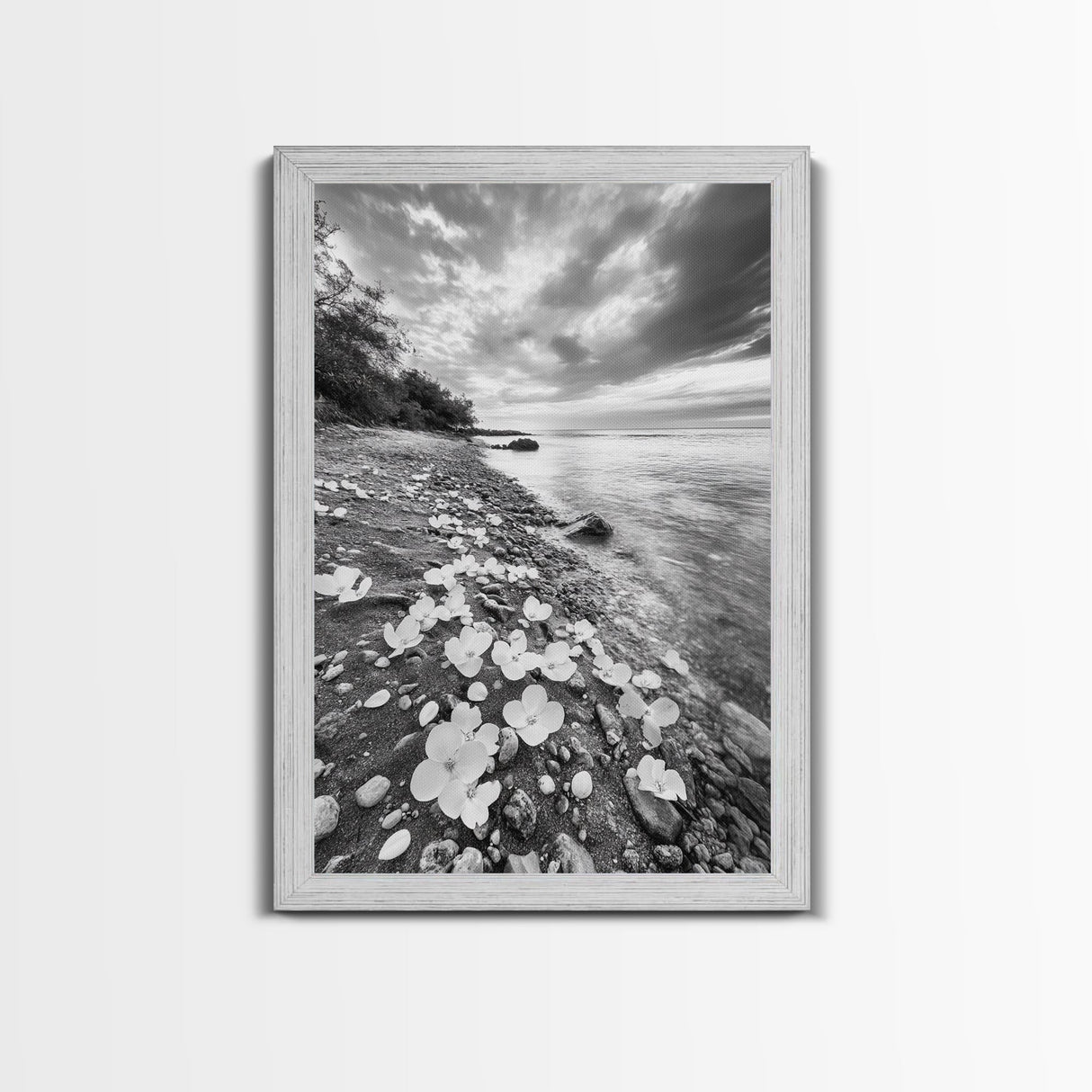 Flower Shore, Peaceful Beach, Moody Sky, Petal Scape, Framed Canvas Print, romantic beach art, bedroom decor, black and white floral print