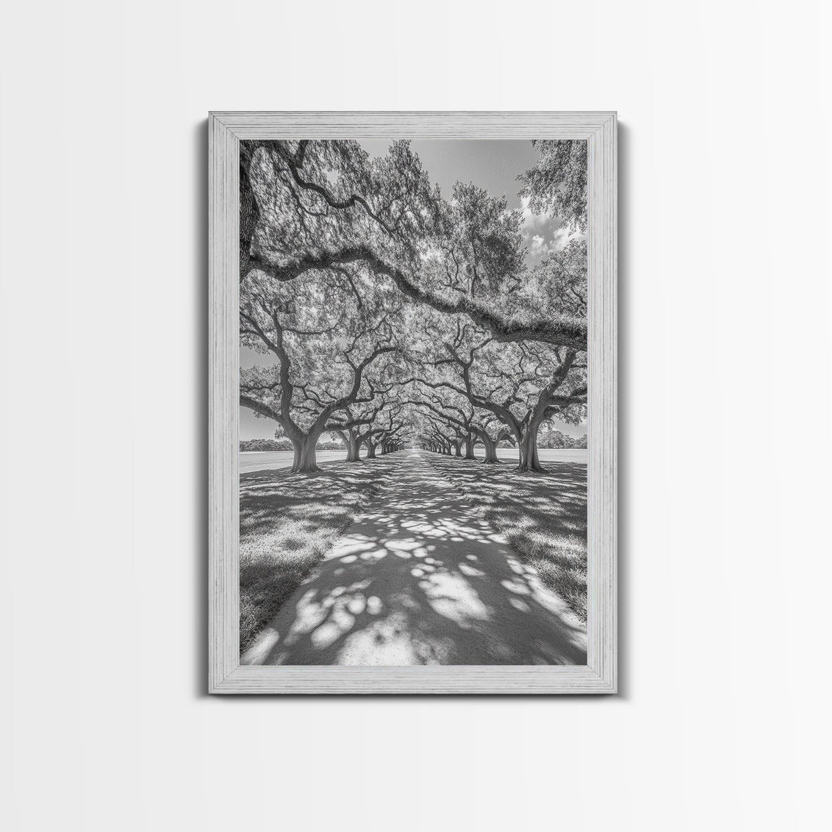 Oak Tree Tunnel, Southern Charm, Shaded Pathway, Timeless Trees Framed Canvas Print, farmhouse wall decor, hallway landscape art